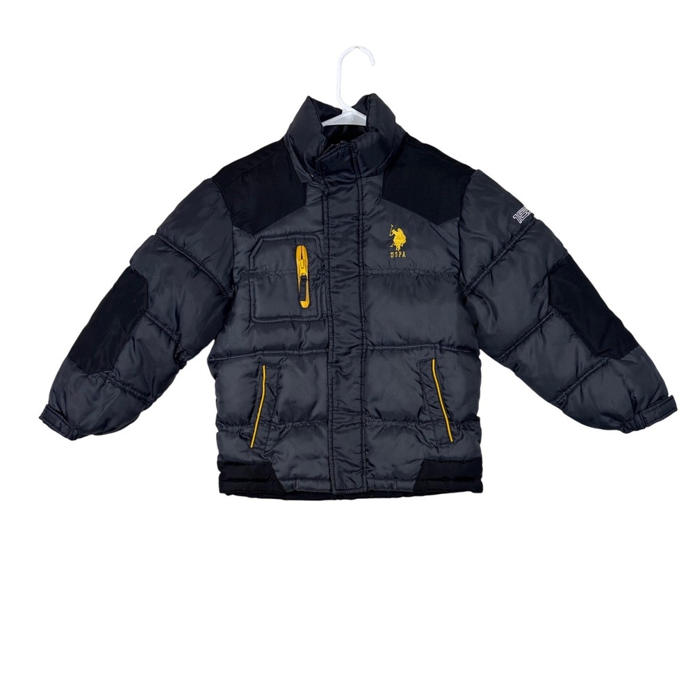 US Polo Assn Boys Puffer Jacket Black Yellow Ripstop Fleece Lined Size L 7 USPA